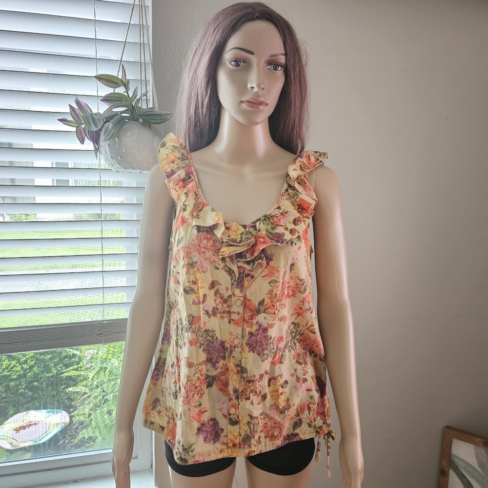 Point zero Nicole Benisti floral ruffle sleeveless top blouse orange yellow